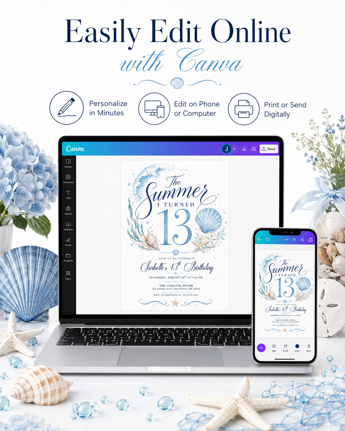 The summer I turned 13 birthday invitation with blue watercolor waves, seashells, starfish, sand dollar, bubbles, seaweed, and elegant coastal details