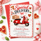 Editable pizza baby shower invitation Canva template with retro Italian pizzeria style, red scooter, pizza boxes, heart shaped pizza, red gingham border, and bold red and navy typography on a cream background
