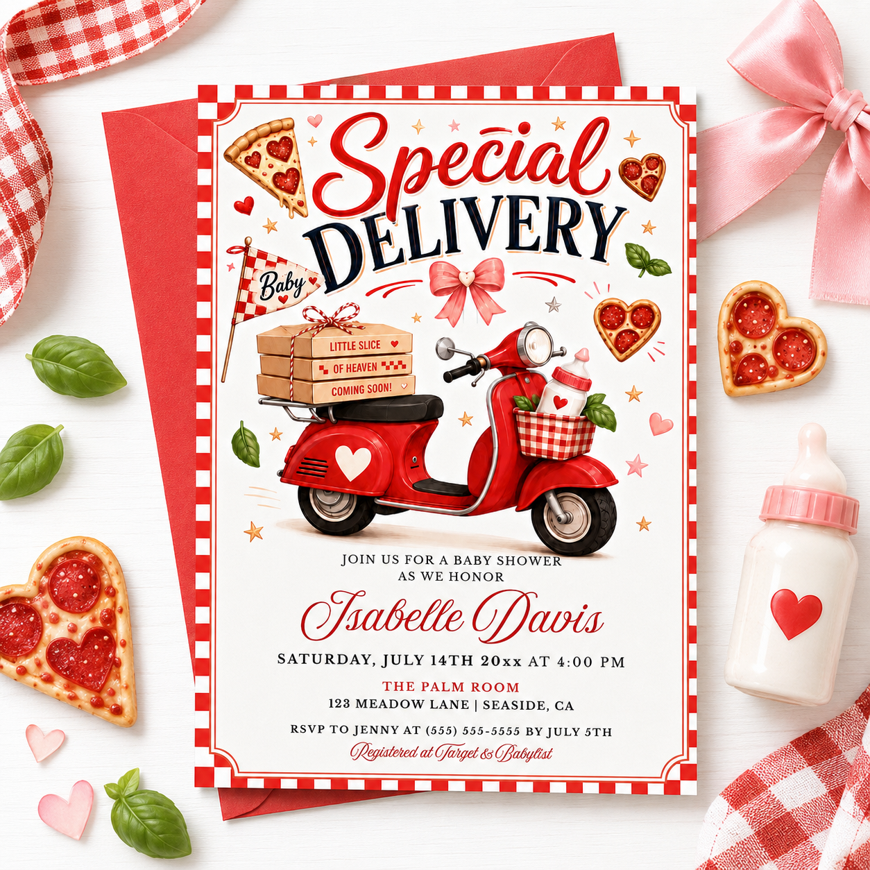 Editable pizza baby shower invitation Canva template with retro Italian pizzeria style, red scooter, pizza boxes, heart shaped pizza, red gingham border, and bold red and navy typography on a cream background