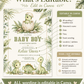 Baby boy dinosaur baby shower invitation with watercolor baby dinosaurs, hatching egg, tropical leaves, ferns, greenery, rocks, and soft sage green details