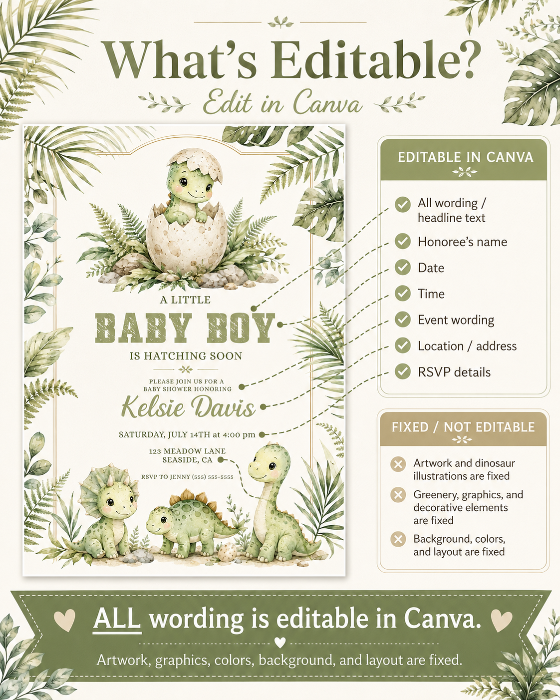 Baby boy dinosaur baby shower invitation with watercolor baby dinosaurs, hatching egg, tropical leaves, ferns, greenery, rocks, and soft sage green details