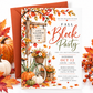 Fall block party invitation with orange autumn leaves, pumpkins, a green bicycle with a flower basket, white picket fence, and rustic Good Neighbors Great Times sign