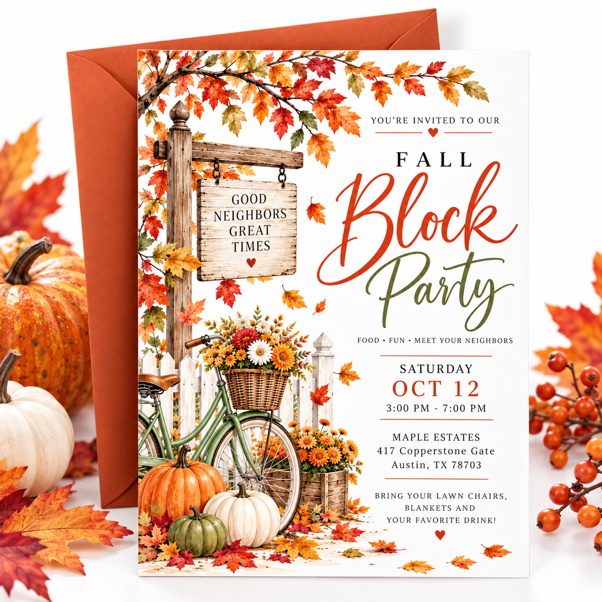 Fall block party invitation with orange autumn leaves, pumpkins, a green bicycle with a flower basket, white picket fence, and rustic Good Neighbors Great Times sign