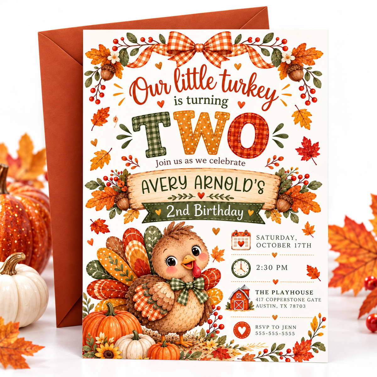 Fall 2nd birthday invitation with Our Little Turkey Is Turning Two wording, a cute turkey, orange gingham bow, pumpkins, and autumn leaves
