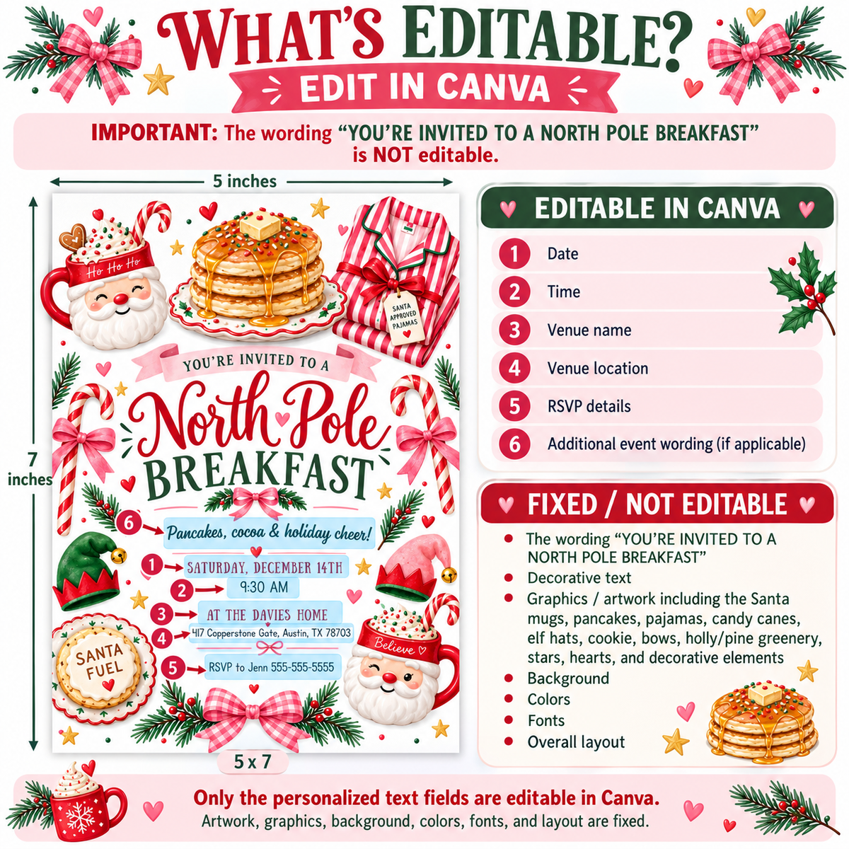 North Pole Breakfast invitation with Santa mugs, stacked pancakes, candy canes, Christmas pajamas, elf hats, pink bows, evergreen sprigs, and festive holiday party details