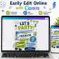 Let’s party boy birthday invitation with blue and green sticker-style graphics, stars, lightning bolts, sunglasses, banners, and retro party details