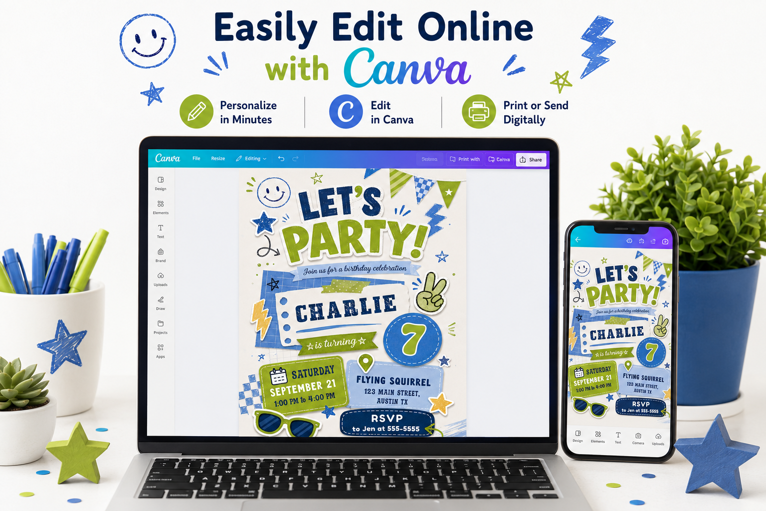 Let’s party boy birthday invitation with blue and green sticker-style graphics, stars, lightning bolts, sunglasses, banners, and retro party details