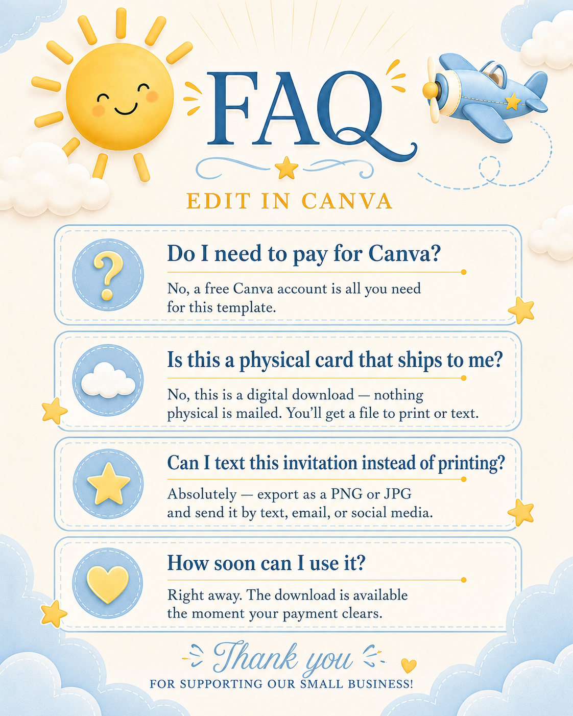 Editable here comes the son baby shower invitation Canva template with smiling sun, blue toy airplane, fluffy clouds, and bold navy and sky blue typography on a soft cream background, shown as a flat lay mockup