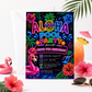Neon Aloha pool party birthday invitation featuring a glowing pineapple, pink flamingo float, hibiscus flowers, palm trees and colorful tropical lights.
