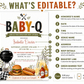 BBQ baby shower invitation with a backyard cookout theme in olive green, mustard, and rust orange