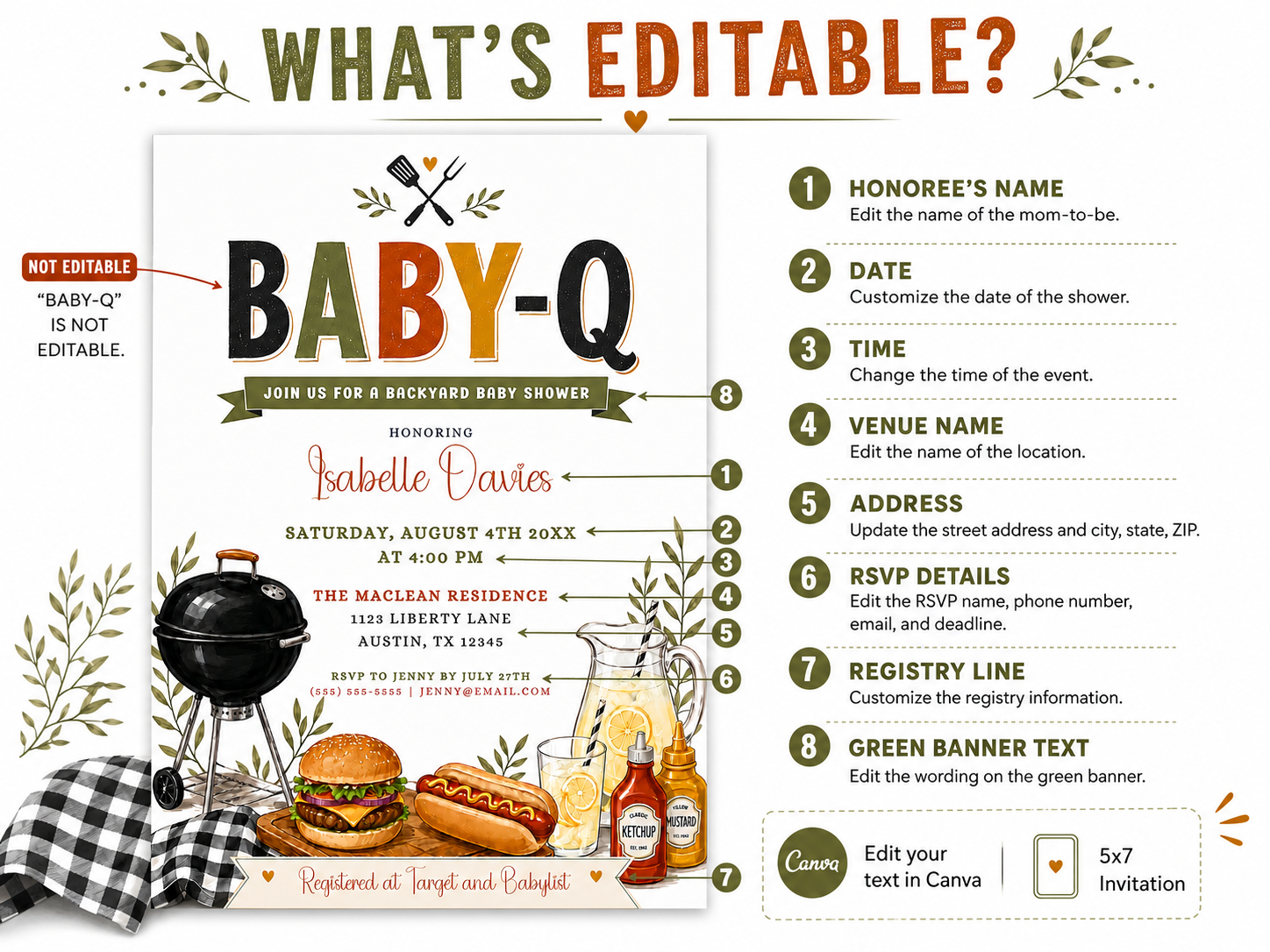 BBQ baby shower invitation with a backyard cookout theme in olive green, mustard, and rust orange