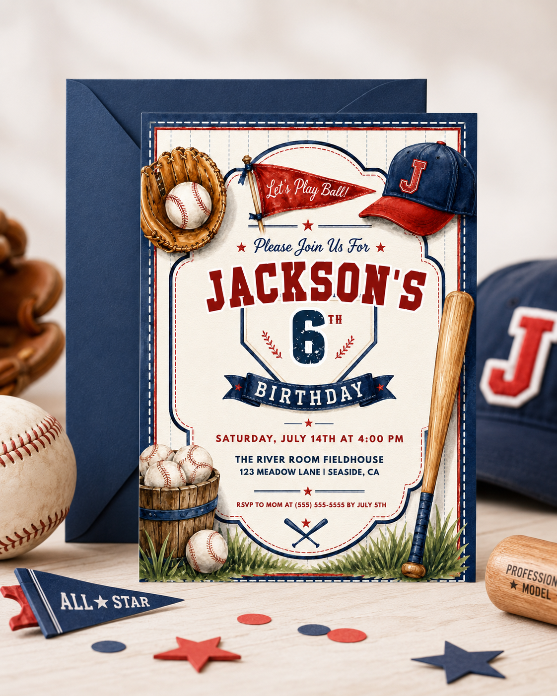 Baseball birthday invitation featuring a glove, baseballs, bat, cap, pennant flag, home plate design and red and navy sports details.
