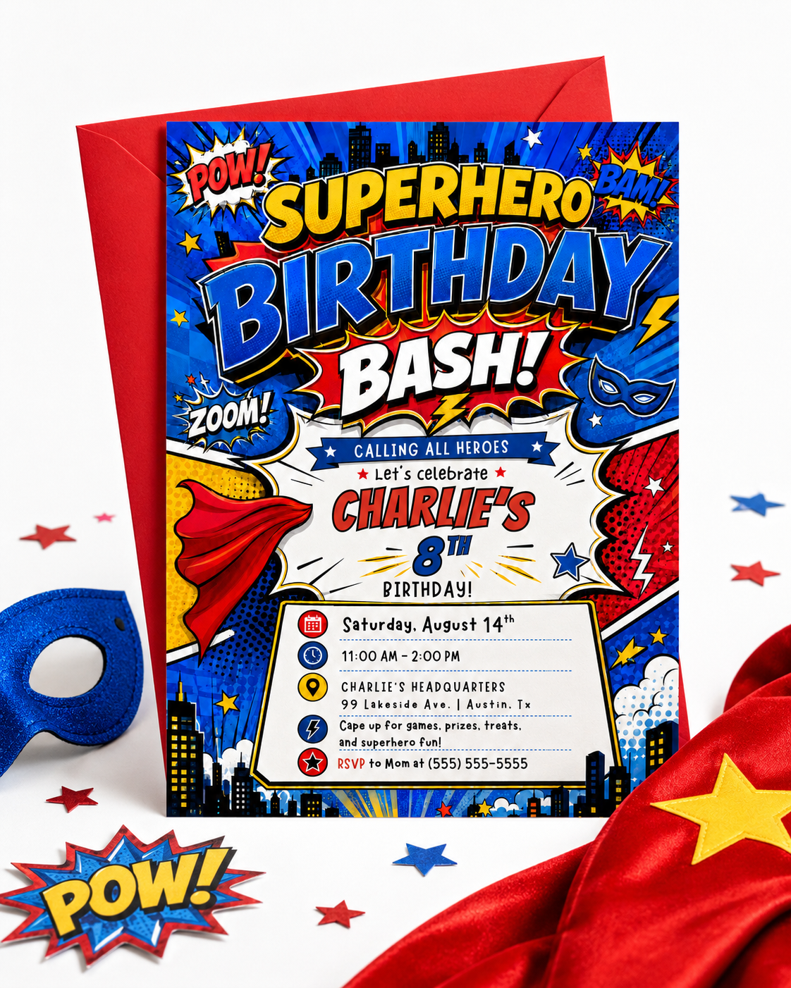 Superhero birthday invitation featuring a bold comic book design with POW, BAM and ZOOM graphics, city skyline, cape, mask, stars and lightning bolts.
