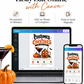 Costumes and Cocktails Halloween invitation with purple cocktail, jack-o-lantern copper mug, pumpkin, orange slices, bats, greenery, and adult Halloween party details