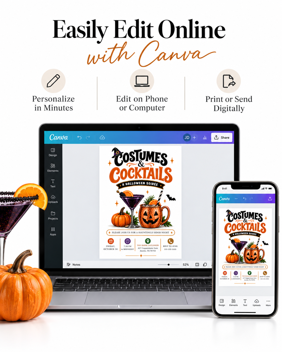 Costumes and Cocktails Halloween invitation with purple cocktail, jack-o-lantern copper mug, pumpkin, orange slices, bats, greenery, and adult Halloween party details
