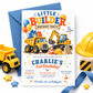 Construction birthday invitation with dump truck, excavator, hard hats, traffic cone, balloons, gifts, and colorful little builder third birthday party details