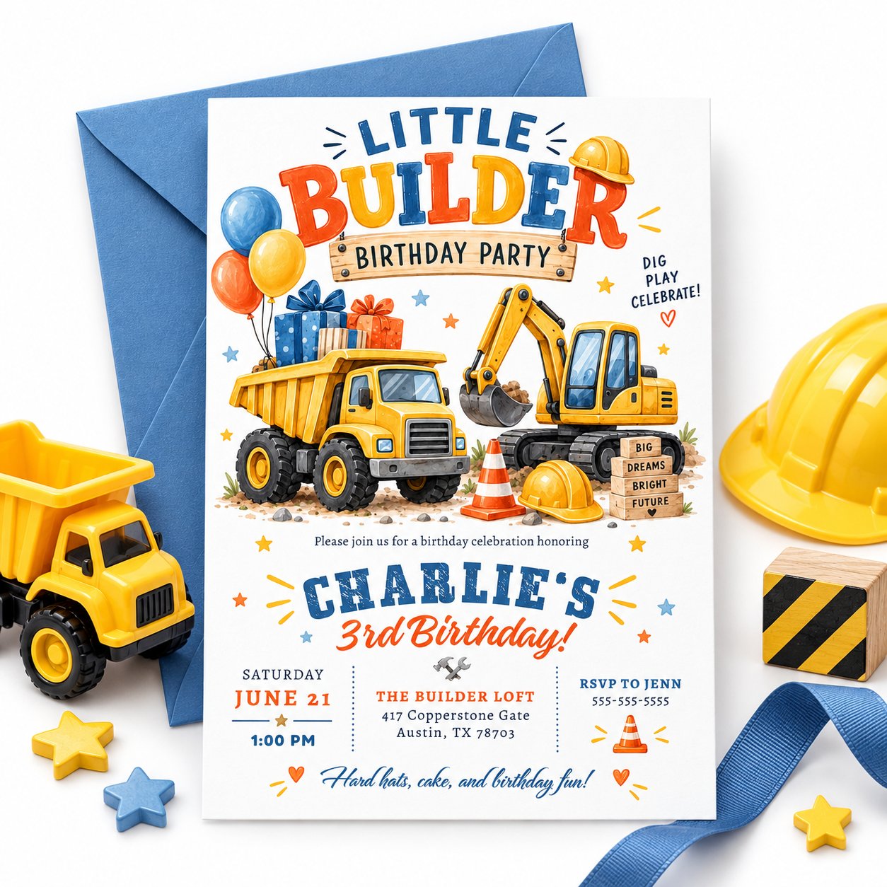 Construction birthday invitation with dump truck, excavator, hard hats, traffic cone, balloons, gifts, and colorful little builder third birthday party details