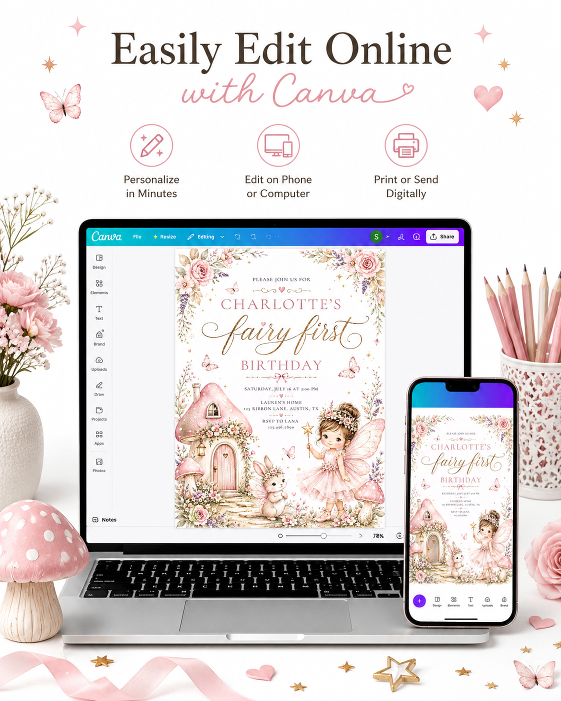 Fairy first birthday invitation with pink fairy, mushroom cottage, butterflies, flowers, bunny, and whimsical woodland birthday party details