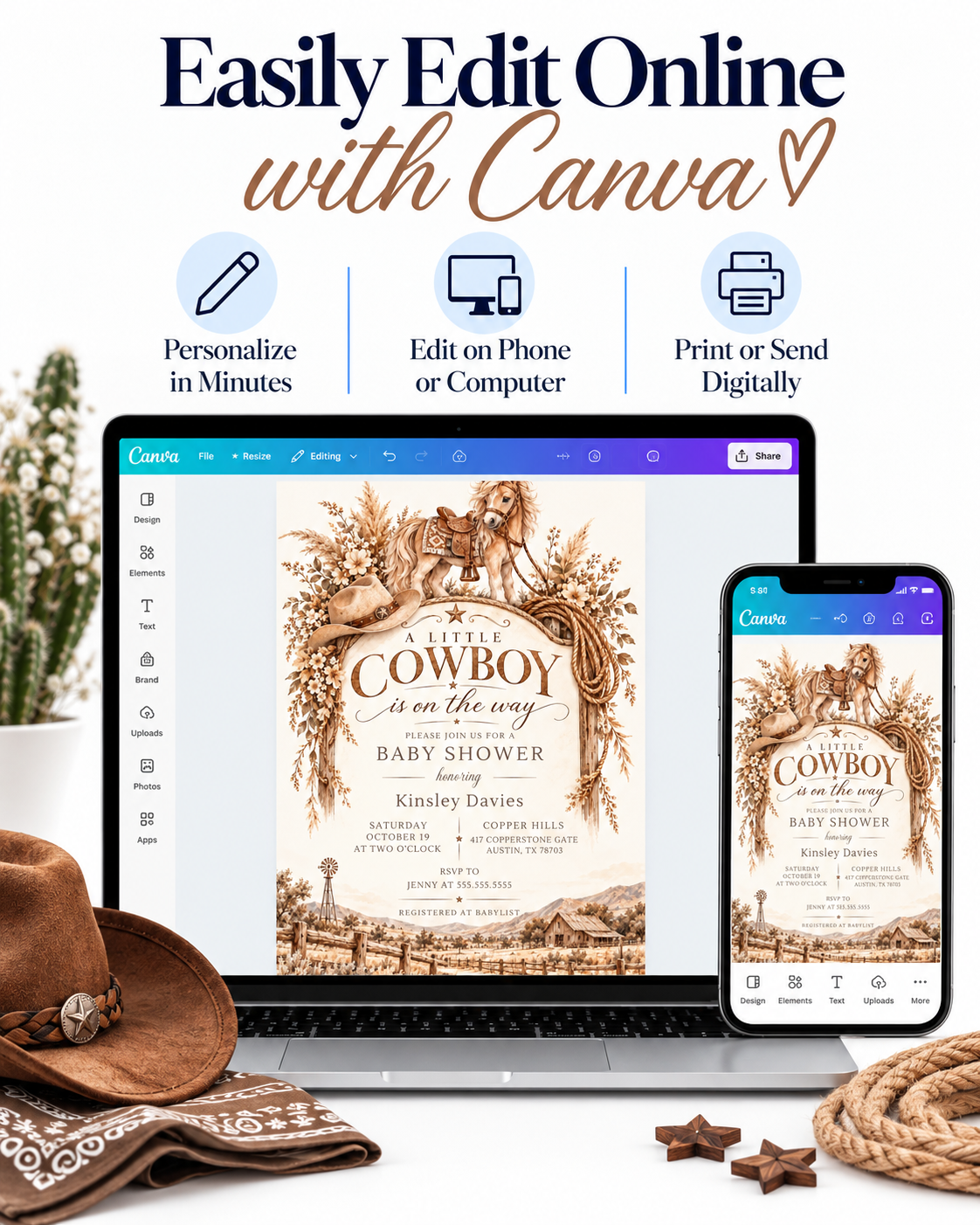 Cowboy baby shower invitation with a saddled horse, cowboy hat, lasso, dried florals, and rustic ranch scene in brown and cream for a western baby boy shower