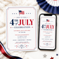 Editable 4th of July celebration invitation Canva template with waving American flag, bold red and navy display lettering, star accents, firework burst, and double border frame on a white background