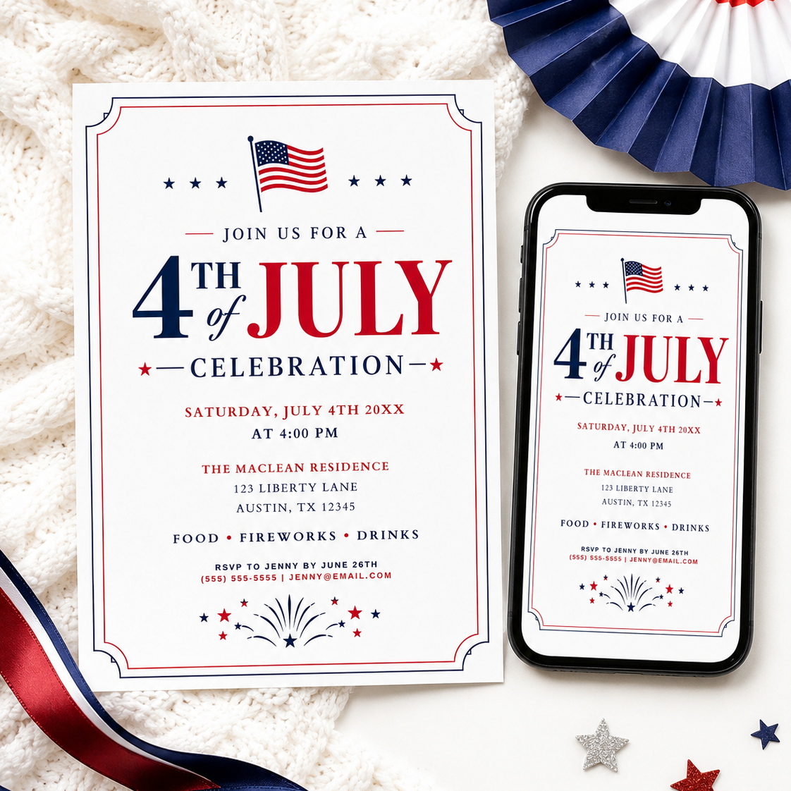 Editable 4th of July celebration invitation Canva template with waving American flag, bold red and navy display lettering, star accents, firework burst, and double border frame on a white background