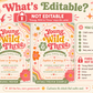 Young wild and three birthday invitation with groovy retro lettering, colorful flowers, rainbow waves, hearts, stars, and boho pink orange sage details