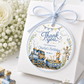 Round train birthday thank you sticker with a teddy bear conductor, giraffe, and bunny in soft blue and gold