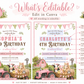 Girls farm birthday invitation featuring a pink tractor, pink barn, wagon, cow, pig, pony, chick and floral bunting.
