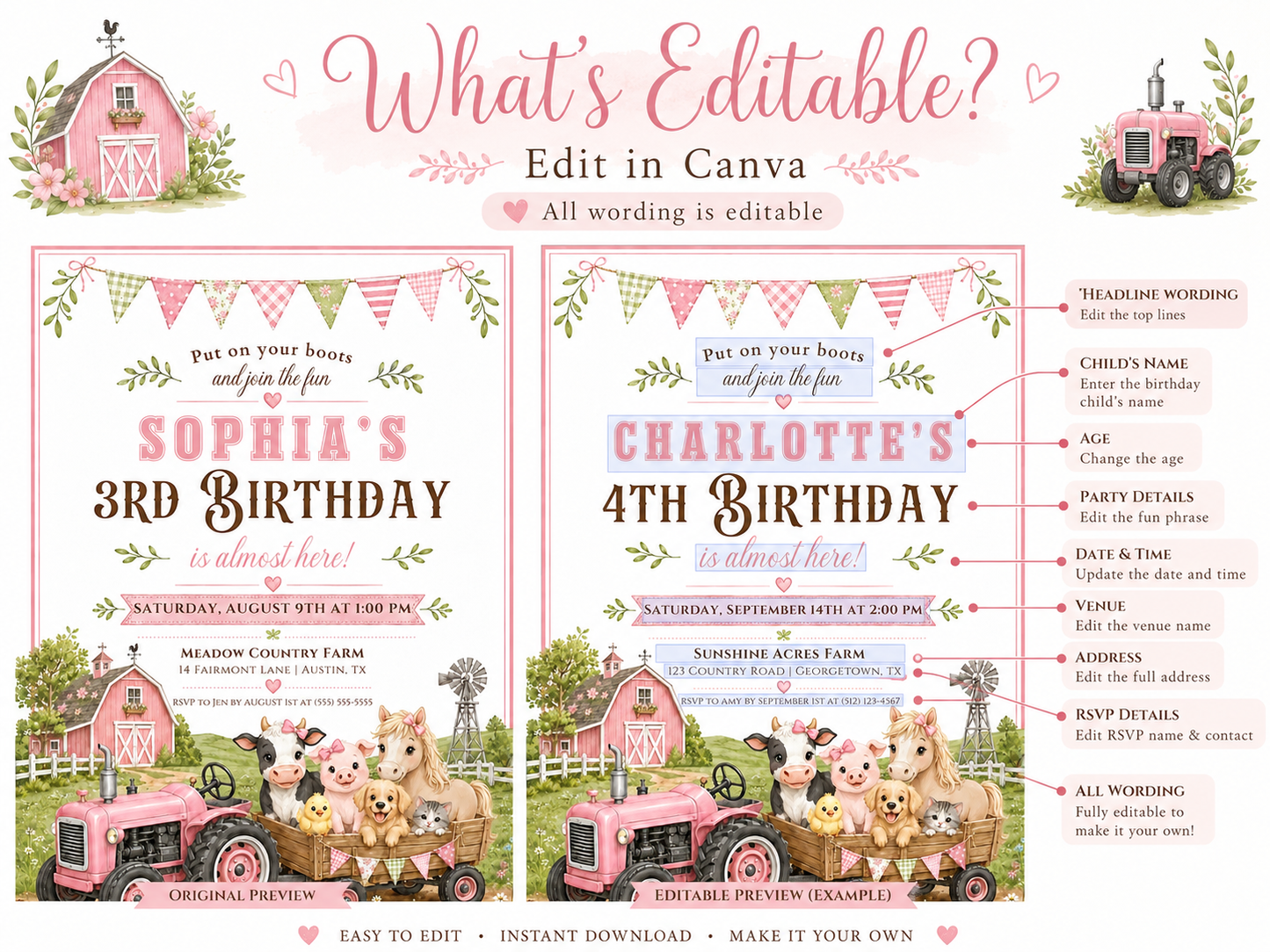 Girls farm birthday invitation featuring a pink tractor, pink barn, wagon, cow, pig, pony, chick and floral bunting.