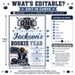 Rookie Year first birthday invitation with little hockey player, ice rink, scoreboard, helmet, hockey sticks, puck, and navy blue birthday party details