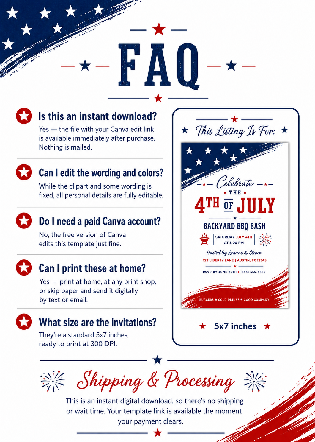 Editable 4th of July backyard BBQ bash invitation Canva template with navy and red brushstroke flag elements, distressed red display lettering, BBQ grill icon, fireworks graphic, and flowing script on a white background