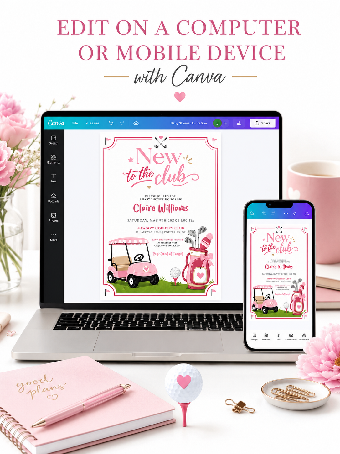 Editable pink golf baby shower invitation Canva template with pink golf cart, hot pink golf bag with bow, crossed clubs, corner pennants, and bold pink typography on a white background