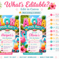 Aloha pool party birthday invitation featuring a tropical swimming pool, pink flamingo float, hibiscus flowers, beach ball, sunglasses and fruit drink.
