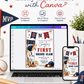 Baseball first birthday invitation featuring a little boy in a baseball uniform, ONE banner, scoreboard, bat, glove, helmet and red and navy details.
