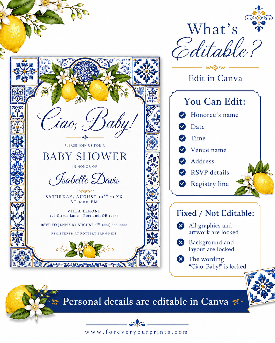Italian ciao baby shower invitation with blue Mediterranean tiles and lemons in blue, white, and yellow