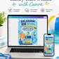 Splashin’ into seven birthday invitation with blue water splashes, swim goggles, surfboard, float tube, beach ball, flip flops, and pool party details