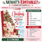Christmas pajama party invitation with a lighted Christmas tree, red bows, cozy armchair and blanket, hot cocoa, wrapped gifts, and fluffy Santa slippers