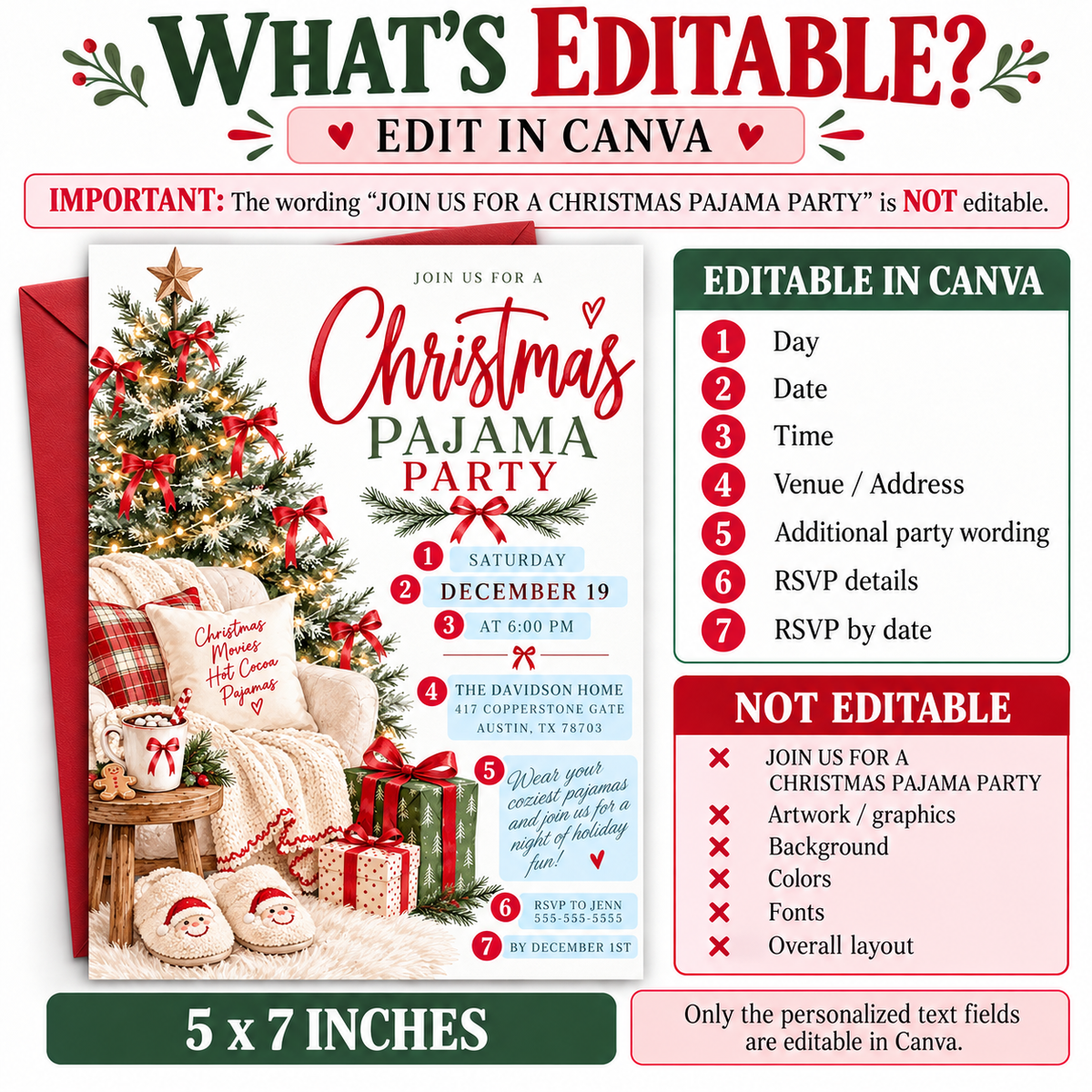 Christmas pajama party invitation with a lighted Christmas tree, red bows, cozy armchair and blanket, hot cocoa, wrapped gifts, and fluffy Santa slippers