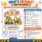 Construction birthday invitation with dump truck, excavator, hard hats, traffic cone, balloons, gifts, and colorful little builder third birthday party details