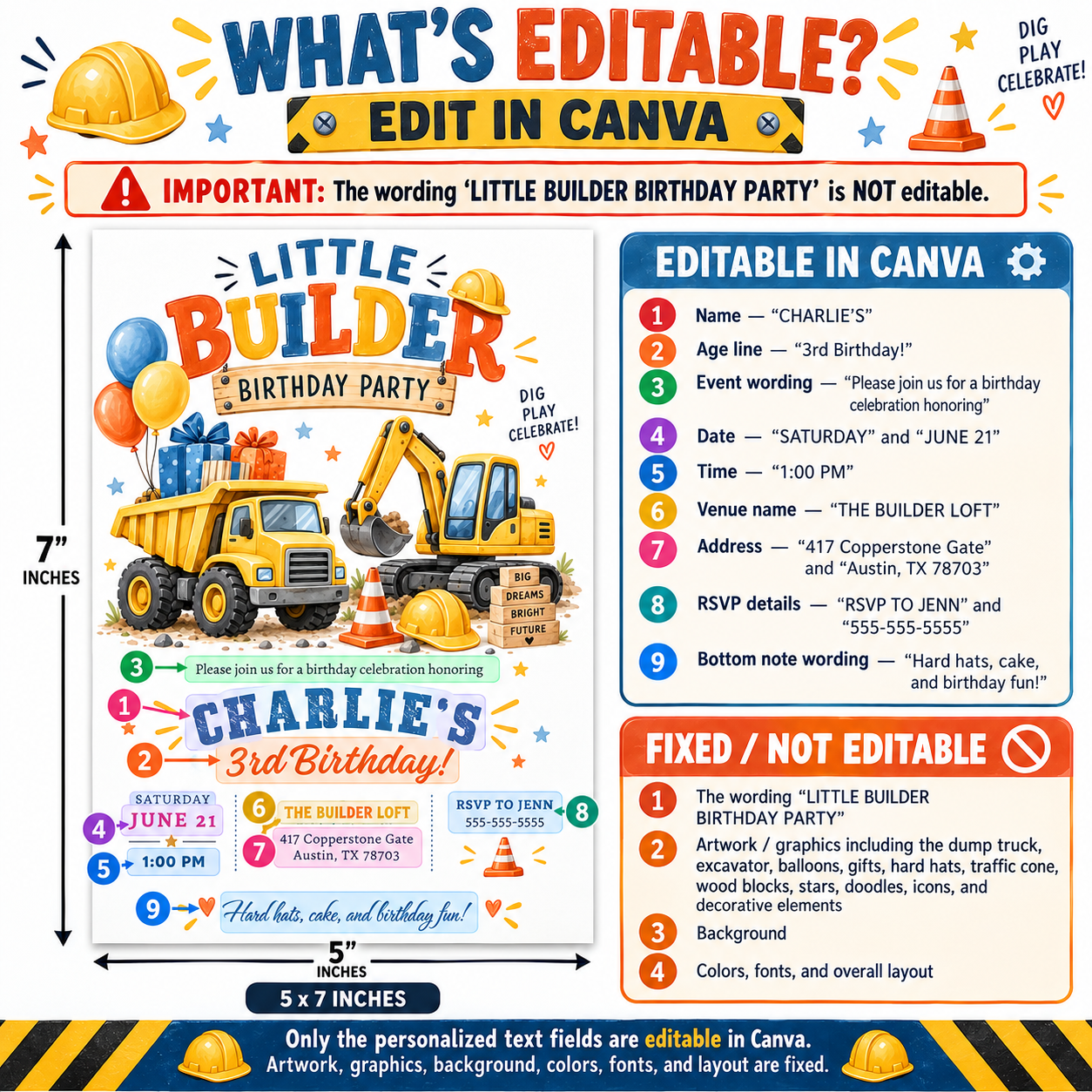 Construction birthday invitation with dump truck, excavator, hard hats, traffic cone, balloons, gifts, and colorful little builder third birthday party details