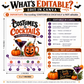 Costumes and Cocktails Halloween invitation with purple cocktail, jack-o-lantern copper mug, pumpkin, orange slices, bats, greenery, and adult Halloween party details