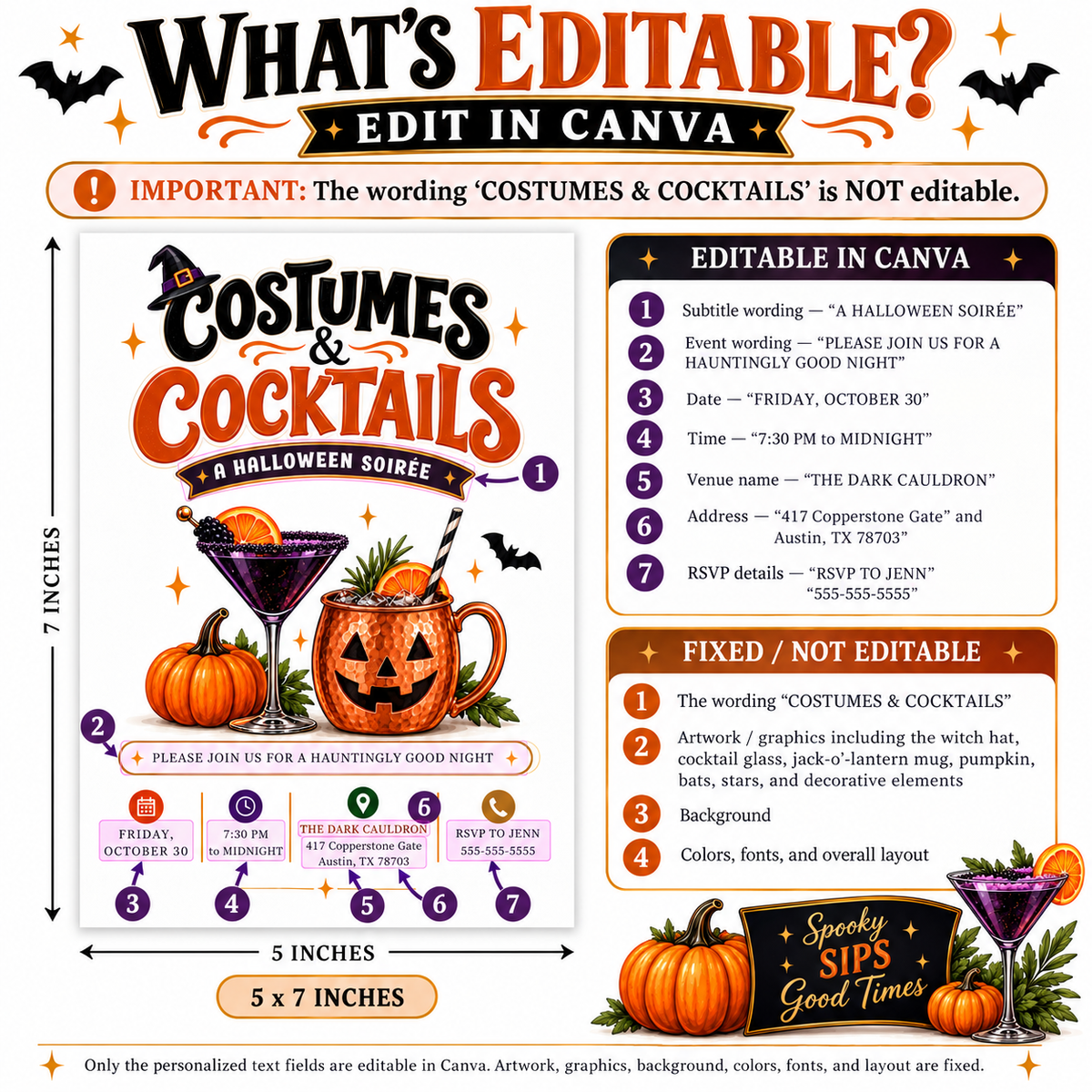 Costumes and Cocktails Halloween invitation with purple cocktail, jack-o-lantern copper mug, pumpkin, orange slices, bats, greenery, and adult Halloween party details