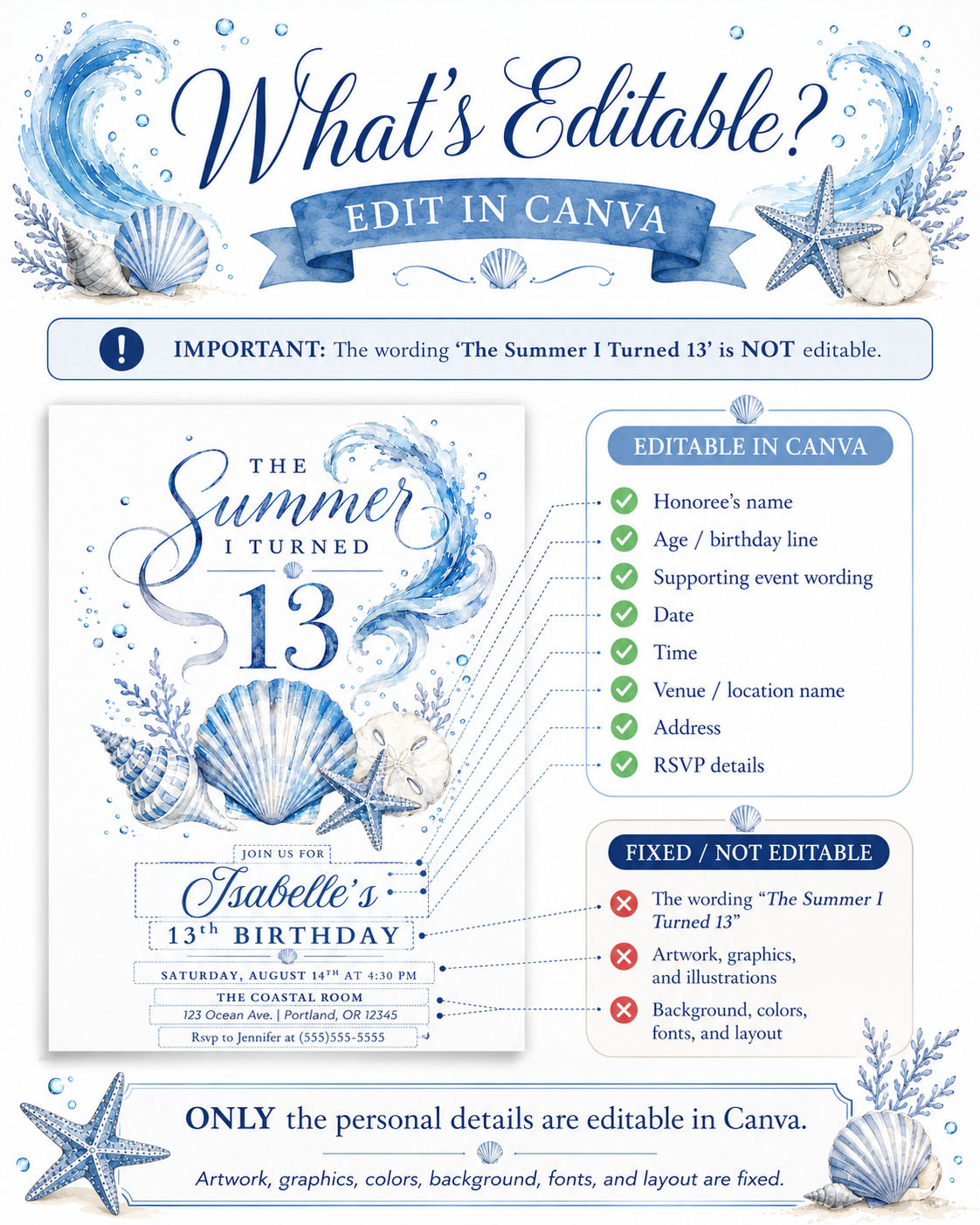 The summer I turned 13 birthday invitation with blue watercolor waves, seashells, starfish, sand dollar, coral, bubbles, and elegant beach details