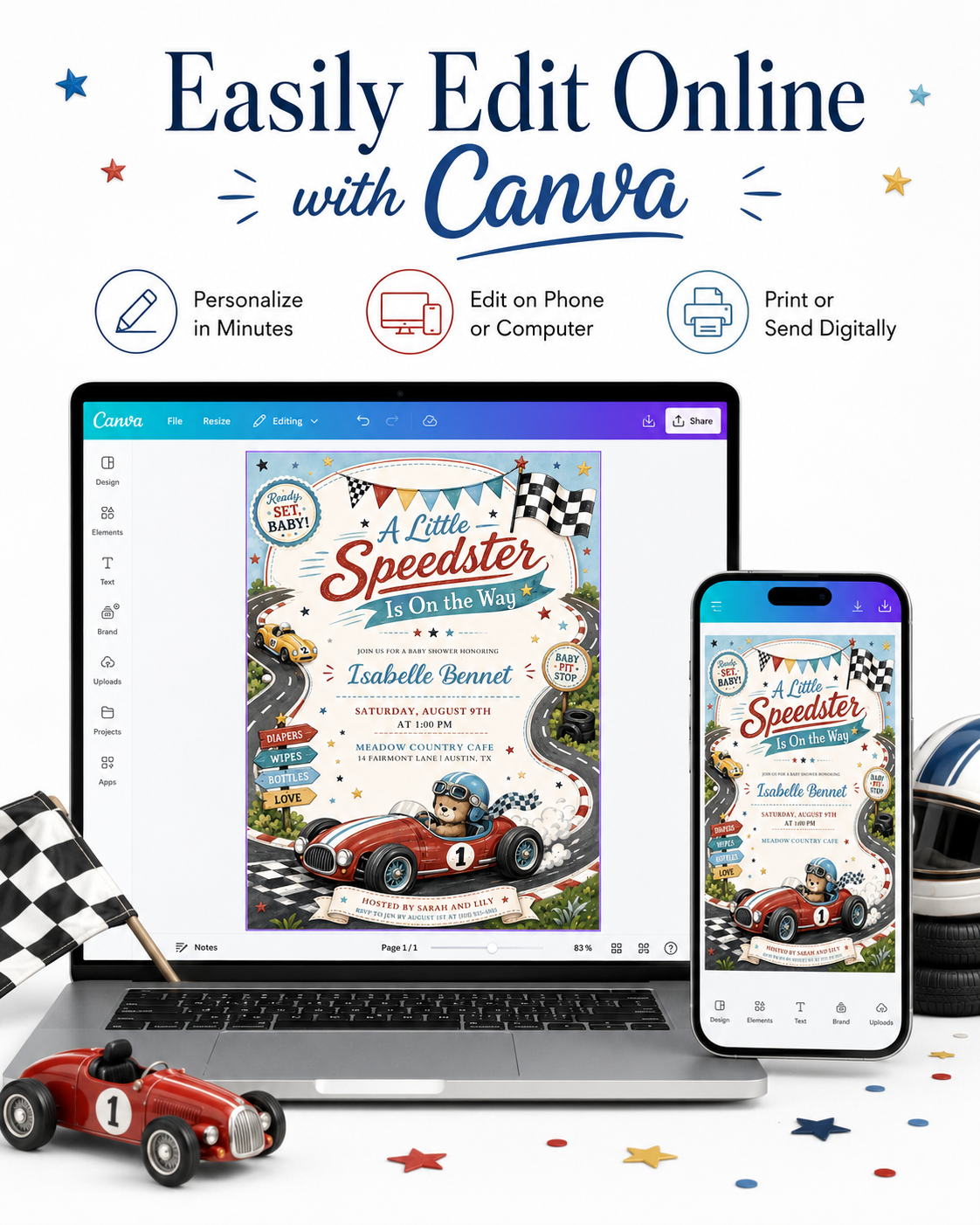 Race car baby shower invitation featuring a teddy bear driving a vintage race car, winding racetrack, checkered flag, stars and baby pit stop signs.
