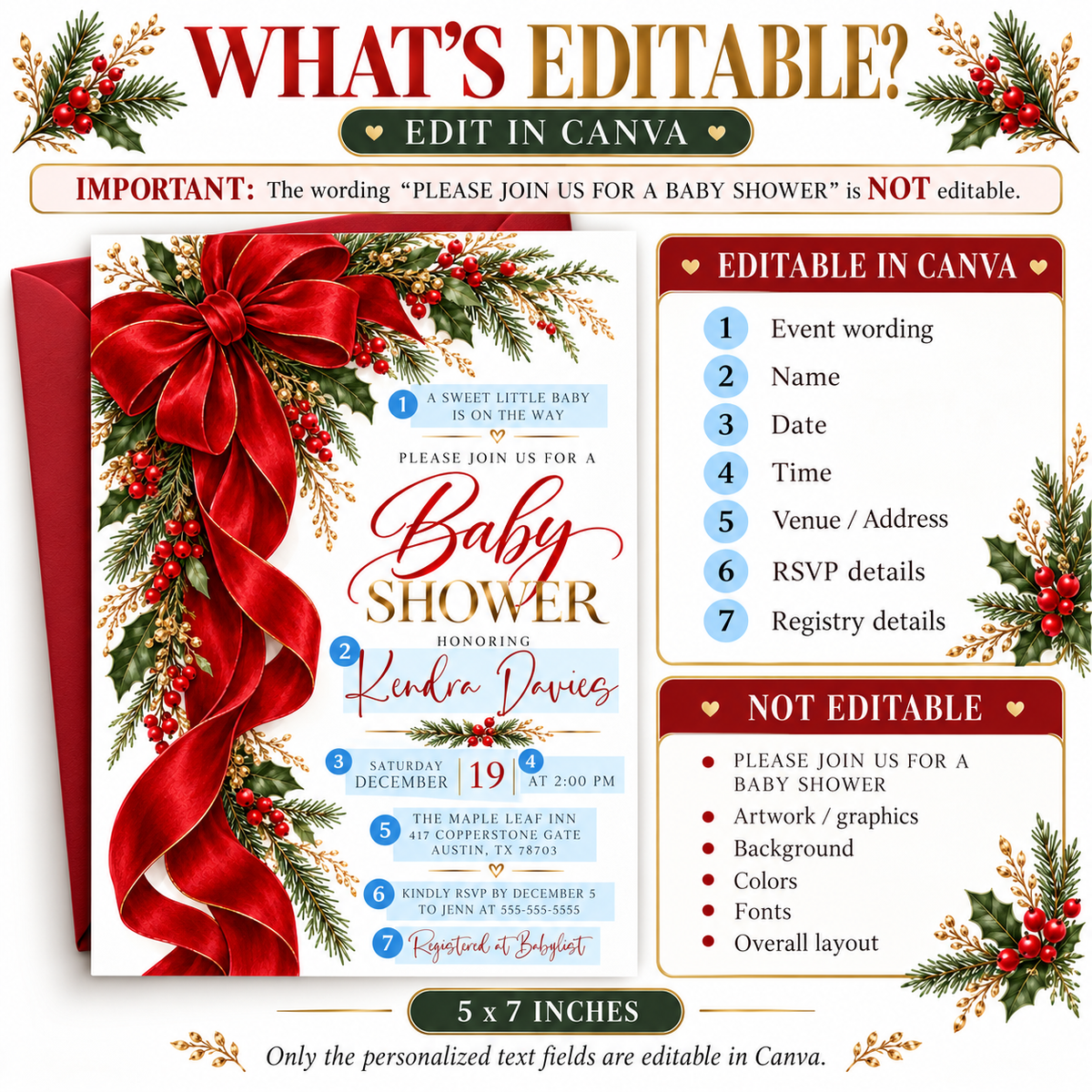 Christmas baby shower invitation with a large red bow and flowing ribbon, green holly, red berries, evergreen branches, and gold lettering on a white background
