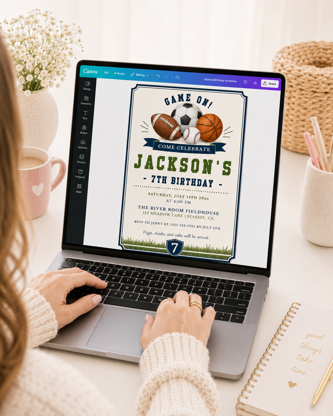 All star sports birthday invitation with a football, soccer ball, basketball, and baseball in navy and green