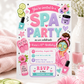 Girls spa birthday invitation featuring a pink robe, face mask, cucumber eye pads, nail polish, slippers, flowers and spa party graphics.
