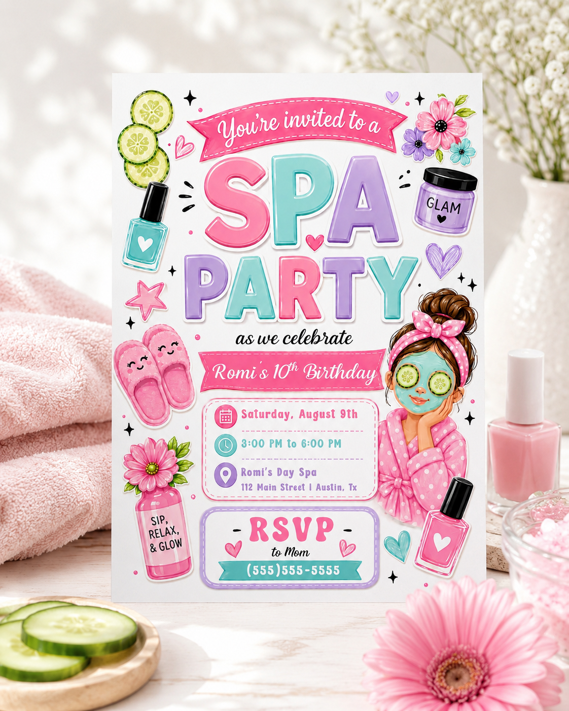 Girls spa birthday invitation featuring a pink robe, face mask, cucumber eye pads, nail polish, slippers, flowers and spa party graphics.
