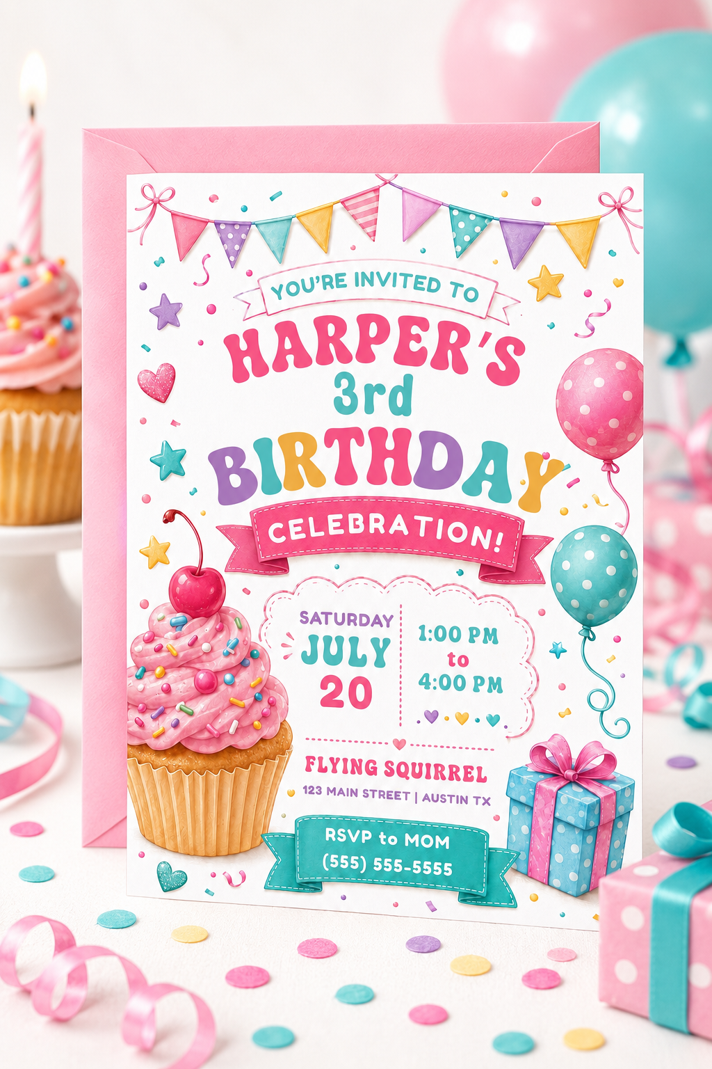 Cupcake birthday invitation with pink frosted cupcake, sprinkles, balloons, party banner, gift box, stars, confetti, hearts, and colorful pastel details
