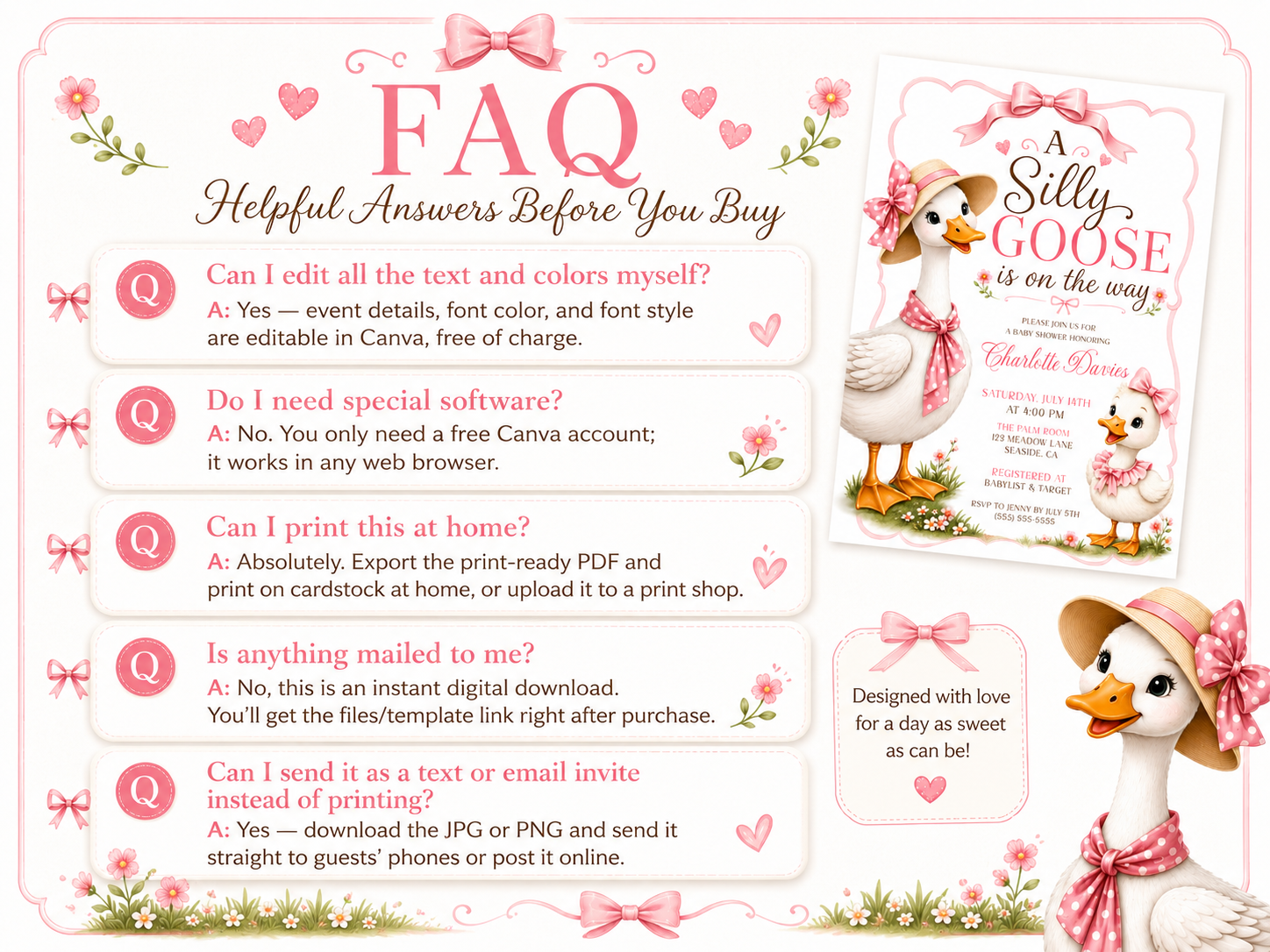 Editable silly goose baby shower invitation Canva template with illustrated mama goose in straw hat and polka dot bow, baby gosling with pink ruffle bow, wildflowers, and satin pink bow frame on a white background